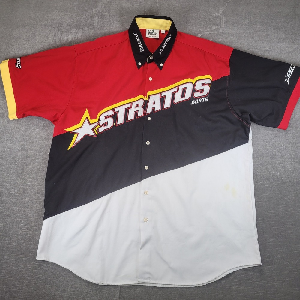 Kudzu Stratos Boats Mens‎ XL Short Sleeve Button Down Shirt Red Black White Logo